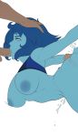 1girl 2boys anonymous big_breasts blue_skin cartoon_network fellatio hand_on_head lapis_lazuli lapis_lazuli_(steven_universe) lyn_nyl mmf_threesome oral spitroast steven_universe sucking_penis threesome wrist_grab