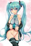 1girl :p aqua_eyes between_breasts big_breasts blue_eyes blush breasts detached_sleeves miku_hatsune headphones high_res kishimen legs_crossed long_hair mound_of_venus navel neck_tie panties panty_pull sitting skirt skirt_lift solo striped striped_panties stockings tongue twin_tails underwear very_long_hair vocaloid