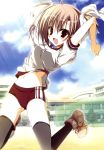 1girl :d absurd_res arms_up black_legwear brown_hair buruma fang gym_uniform high_res inugami_kira jumping red_eyes school shoes stockings two_side_up