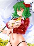 1girl areola areola_slip areolae between_breasts big_breasts breasts cleavage clothes_writing female flower green_hair hair_flower hair_ornament kazami_yuuka large_breasts long_hair nail_polish navel neck_tie necktie necktie_between_breasts nipple_slip nipples okitakung race_queen red_eyes short_hair smile solo sunflower touhou umbrella yellow_necktie