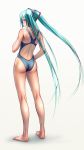 1girl aqua_eyes aqua_hair ass back barefoot blush colored_eyelashes competition_swimsuit feet from_behind hatsune_miku kneepits legs long_hair long_legs looking_at_viewer looking_back miku_hatsune one-piece_swimsuit open_mouth profile skindentation solo standing swimsuit toenail_polish twin_tails twintails very_long_hair vocaloid white_background wokada