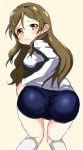 1girl :t ass breasts brown_eyes brown_hair buruma hair_ornament hairclip kneehighs kuri_nika long_hair looking_back shinomiya_himawari solo track_jacket vividred_operation