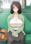  1girl bar black_hair breasts cg dress erect_nipples female high_res huge_breasts long_skirt milf necklace purple_eyes shirt sitting skirt solo studio_sunadokei sweat tsuma_haha_~_shino-san_no_torokeru_kanjuku_oniku 