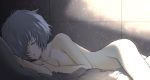 1girl blue_hair breasts cleavage closed_eyes hair hair_over_one_eye kikumaru_bunta lying messy_hair navel neon_genesis_evangelion nude on_side rei_ayanami short_hair sleeping solo