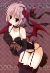 1girl absurd_res ahoge black_legwear black_panties bustier choker demon_wings garter_straps heart heart_hair_ornament high_res inugami_kira panties pink_hair purple_eyes ribbon riding_crop stockings underwear wings