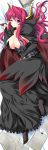 1girl bed_sheet black_dress blush breasts bridal_gauntlets cape clothed dakimakura demon_horns dress endori feet highres horns huge_breasts long_hair long_image looking_at_viewer maou_(maoyuu) maoyuu_maou_yuusha one_eye_closed pantyhose pink_hair purple_eyes solo tall_image wink