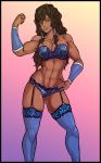  1girl abs avatar:_the_last_airbender blue_eyes blue_legwear bra breasts brown_hair cleavage contrapposto dark-skinned_female dark_skin dick_hammersmith garter_straps hair_down hair_tubes hand_on_hip korra large_breasts leopard_print long_hair muscle muscular navel nickelodeon panties pose skindentation smile solo standing strapless_bra the_legend_of_korra thighhighs underwear underwear_only vambraces 