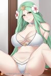  1girl alluring aslind_samure aslindsamure big_breasts bikini cleavage fire_emblem fire_emblem:_three_houses fire_emblem_heroes flower flowers_in_hair green_eyes green_hair long_hair multi-strapped_bikini navel partially_visible_vulva pussy rhea_(fire_emblem) swimsuit white_swimsuit 