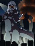  big_breasts breasts building city desingahv_(artist) destruction genderswap godzilla godzilla_(series) gold_eyes looking_at_viewer monster night nipples nude pussy solo white_hair 