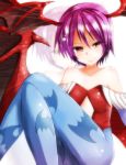 1girl bare_shoulders bat_print bat_wings capcom demon_girl flat_chest head_wings high_res highres lilith_aensland pantyhose print_legwear purple_hair red_eyes short_hair small_breasts solo succubus takorice vampire_(game) wings