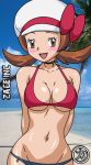 aged_up beach big_breasts bikini brown_eyes brown_hair creatures_(company) deviantart female_protagonist_(pokemon_ss) game_freak hat humans_of_pokemon kageta kotone_(pokemon) lake_art looking_at_viewer lyra_(pokemon) navel nintendo pokemon pokemon_(game) pokemon_heartgold_and_soulsilver porkyman shiny_skin twintails zage_inc