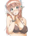 1girl bikini black_bikini blush breasts cleavage cream fellatio_gesture green_eyes hair_ornament headphones lips long_hair looking_at_viewer nitroplus pink_hair rough sexually_suggestive simple_background sketch solo super_sonico swimsuit tokiwa_mmm white_background wristband