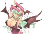 1girl aqua_hair arms_up bat_wings big_breasts breasts capcom cleavage demon_girl elbow_gloves gloves head_wings huge_breasts large_breasts leotard long_hair morrigan_aensland nishieda pantyhose purple_eyes simple_background solo succubus vampire_(game) white_background wings