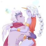  1boy 1girl armlet bare_shoulders bracelet breasts cape couple earrings facial_mark forehead_protector heart hetero horn hug hugging ichancat jewelry league_of_legends long_hair multi-tied_hair no_pupils pale_skin ponytail pouch purple_skin shirtless sideboob silver_hair smile soraka squiggle varus yellow_eyes 