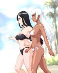 2girls beach bikini black_hair cloud dark_skin from_side hair long_hair multiple_girls navel original palm_tree profile red_eyes side side-tie_bikini sky swimsuit tree ueyama_michirou white_hair yellow_eyes