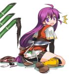  /\/\/\ 1girl ahoge bag blush boots embarrassing fishnets funny gyokai_(artist) kneeling knife long_hair looking_back makeup panties print_panties printed_panties purple_eyes purple_hair rance rance_(series) sandals shunin solo surprise surprised tears torn_clothes underwear wavy_mouth white_panties 