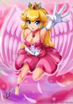  angel angel_wings armpits barefoot blonde_hair blue_earrings blue_eyes breasts busty closed_mouth crown dress earrings feathers feet flying gloves hands highres legs lips lipstick long_gloves long_hair makeup nail_polish nintendo pink_dress princess_peach rabbit sigurd_hosenfeld sigurdhosenfeld smile super_mario_bros. thighs toenail_polish toes wings 