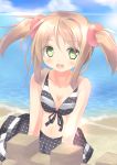 1girl beach bikini bikini_bottom bikini_skirt black_bikini breasts brown_hair cleavage front-tie_top green_eyes high_res highres koushuu_aki long_hair original polka_dot polka_dot_bikini polka_dot_swimsuit sand_castle sand_sculpture solo swimsuit twintails two_side_up