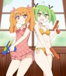 2girls :3 absurd_res amatsuka_mao belly bikini blush breasts brown_hair cleavage dual_wielding gj-bu green_eyes green_hair hair highres kannazuki_tamaki long_hair mousou_(mousou_temporary) multiple_girls navel one-piece_swimsuit pink_eyes ribbon smile swimsuit twin_tails water_gun