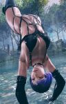  1girl alluring athletic_female black_and_purple_hair cleavage envy15re2lm female_abs female_only fit_female handstand latex latex_suit medium_breasts mod namco reina_(tekken) tekken tekken_8 thick_thighs upside-down water wet yakushima 