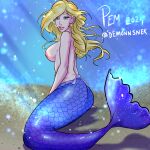  1girl big_breasts big_lips bioluminescence blonde_female blonde_hair blue_eyes bubbles demonnsnek earings female long_hair mario_(series) mermaid mermaid_girl mermaid_tail nintendo ocean pale-skinned_female pale_skin pink_nipples princess_peach:_showtime! princess_rosalina shirtless smiling_at_viewer solo super_mario_bros. super_mario_galaxy swimming topless topless_female underwater video_game video_game_character video_game_franchise video_games water 