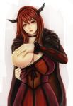 1girl big_breasts breast_lift breasts cape choker fake_horns fur_trim high_res highres huge_breasts long_hair maou_(maoyuu) maoyuu_maou_yuusha red_eyes red_hair sashimi_(adam026) solo