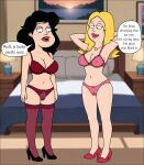  american_dad bedroom big_breasts black_hair blonde blonde_hair body_swap bra brunette brunette cameltoe dialogue erect_nipples francine_smith gender_bender genderswap lingerie panties sexfightfun stan_smith stockings transformation tsf yuri 