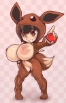 1girl big_breasts black_hair breasts brown_hair cleft_of_venus creatures_(company) eevee_(cosplay) game_freak huge_breasts mystical naughty_face nintendo nipples plantpenetrator poke_ball poke_kid_(pokemon) pokemon pokemon_(game) pussy simple_background standing