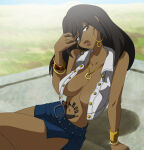  1girl belly_tattoo big_breasts black_hair breasts coolerinker dark-skinned_female dark_skin female_focus female_only inker_comics inkershike long_hair looking_at_viewer mature mature_female mature_woman michiko_malandro michiko_to_hatchin no_bra open_shirt partially_clothed skirt tattoo tattoo_on_belly 