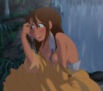  1girl bare_breasts bare_shoulders big_breasts blue_eyes blush breasts breasts_out brown_hair cartoon clothes_pull coolerinker covering_breasts disney dress embarrassed female_only heavy_blush inker_comics inkershike jane_porter lips sweat sweating sweaty tarzan tarzan_(1999_film) topless wet wet_body wet_clothes wet_skin yellow_dress 