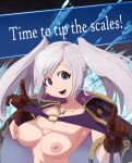  1girl alternate_costume bikini bra_lift breasts breasts_out coat coolerinker english_text female_only fire_emblem fire_emblem_awakening fire_emblem_heroes gloves inker_comics inkershike necklace nintendo nipples o-ring o-ring_bikini official_alternate_costume purple_bikini purple_swimsuit robin_(female)_(summer)_(fire_emblem) robin_(fire_emblem) robin_(fire_emblem)_(female) swimsuit text twin_tails 