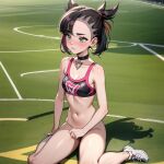  1girl ai_generated bare_ass blush bottomless bra covering_crotch embarrassed embarrassed_underwear_female embarrassed_undressed_female glj-enf going_commando humiliated humiliation kneeling marnie_(pokemon) marnie_(pokemon_swsh) no_panties pantsed pantsing pantsless pokemon pokemon_sword_&amp;_shield pokemon_swsh public_exposure public_humiliation public_indecency public_nudity sad sitting sitting_on_ground sports_bra stolen_clothes stripped undressed undressed_by_others 