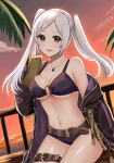  1girl 1girl alluring belt belt_buckle bikini black_bikini black_robe brown_belt brown_eyes buckle cleavage closed_mouth cloud fire_emblem fire_emblem_awakening fire_emblem_heroes high_res long_hair looking_at_viewer medium_breasts mixed-language_commentary navel nintendo off_shoulder official_alternate_costume open_clothes open_robe orange_sky otokajife outside palm_tree robe robin_(fire_emblem) robin_(fire_emblem)_(female) robin_(summer)_(fire_emblem)_(female) sitting sky sleeves_past_fingers sleeves_past_wrists smile stomach sunset swept_bangs swimsuit tree twin_tails twitter_username white_hair 