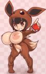 1girl 1girls big_breasts black_hair breasts brown_hair cleft_of_venus creatures_(company) eevee_(cosplay) game_freak huge_breasts mystical naughty_face nintendo nipples plantpenetrator poke_ball poke_kid_(pokemon) pokemon pokemon_(game) pussy simple_background standing