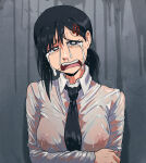 1girl against_wall black_hair breasts chainsaw_man crying female_only higashiyama_kobeni inkershike looking_at_viewer portrait see-through wet_clothes wet_shirt