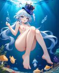  1girl ai_generated anzatiridonia blue_eyes blush breasts bubbles female fish furina_(genshin_impact) genshin_impact heterochromia looking_at_viewer mihoyo nude open_mouth solo tophat underwater white_hair 