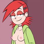 1girl accurate_art_style ai_generated black_choker breasts breasts_out cartoon_network female_focus female_only foster's_home_for_imaginary_friends frankie_foster fuck_me_eyes hairclip loafduck messy_hair naughty_face nipples open_jacket partially_nude red_hair smile