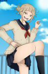  1girl 2019 artist_name ass bags_under_eyes bare_legs black_socks blonde blonde_hair blue_background blue_skirt breasts cardigan clothed clothed_female clothes cloud clouds color dailene day digital_media_(artwork) double_bun eye_contact female_domination female_focus female_only femdom fence grin hair hair_bun half-closed_eyes himiko_toga human humiliated humiliation knee_socks kneehighs kneesocks leg_lift legs light-skinned_female light_skin looking_at_viewer looking_down motion_lines my_hero_academia open_mouth outside panties pantyshot pantyshot_(standing) pinching_gesture pov pov_eye_contact railing school_uniform schoolgirl schoolgirl_uniform serafuku sharp_teeth shirt short_hair shounen_jump skirt sky small_breasts small_penis_gesture small_penis_humiliation smile socks spread_legs standing standing_on_one_leg sweater teeth text thick_thighs tongue uniform upskirt watermark white_panties wide_hips yandere yellow_eyes 