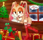  1girl 2020s 2023 absurd_res animal_ears anthro bare_hips bare_shoulders bedroom_eyes bell blush box brown_eyes christmas christmas_ornaments christmas_tree cream_the_rabbit cub desk english_text eyelashes female full_body furry furry_female gift gift_box gloves half-closed_eyes head_on_hand heart high_res hips indoors long_ears looking_at_viewer mobian_(species) navel nipples nude nude_female open_mouth rabbit_humanoid ribbon seductive sega small_breasts smile snow snowing solo sonic_(series) standing standing_on_one_leg stockings stomach tail takaneru white_gloves young 