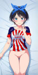  bed black_hair blue_eyes bottomless chivas kanojo_okarishimasu looking_at_viewer nekom14 no_panties no_pants pussy sarashina_ruka short_hair soccer_jersey 