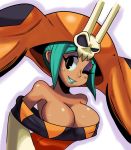  1girl big_breasts black_eyes breasts cerebella_(skullgirls) cleavage dark_skin detached_sleeves green_hair hat high_res lipstick makeup short_hair simple_background skull skullgirls sleeves_past_wrists smile solo ss2_(artist) sssonic2 vice-versa_(skullgirls) white_background wink 