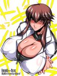 1girl bash-inc blush breast_lift breasts brown_eyes brown_hair bursting_breasts cleavage female huge_breasts