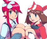 2_girls 2girls :d apostle_(artist) asymmetrical_docking bandana bandanna big_breasts blue_eyes blush breast_hold breast_press breasts breasts_outside brown_hair erect_nipples eyebrows eyelashes fuuro_(pokemon) gloves gym_leader hair_ornament haruka_(pokemon) large_breasts long_hair may multiple_girls nintendo nipple nipples nipples_touching no_bra open_mouth pokemon pokemon_(game) pokemon_bw pokemon_rse red_hair shirt_lift skyla smile suspenders symmetrical_docking