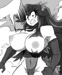  2_girls angry big_breasts black_and_white black_armwear black_clothing black_hair exposed_breasts godzilla godzilla_(series) inkershike kaiju kaiju_girl kaiju_girls_(webcomic) long_hair monster_girl nipples ripped_clothing sharp_teeth 