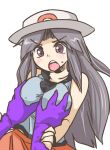  1girl big_breasts blue_(pokemon) blush breast_grab breasts grabbing hands hat large_breasts long_hair pokemon pokemon_(game) pokemon_frlg porkpie_hat purple_eyes seki_(red_shine) silver_hair skirt solo_focus sweatdrop 