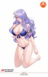  1girl alluring alternate_costume bare_legs bare_shoulders barefoot big_breasts bikini blue_bikini blue_swimsuit camilla_(fire_emblem) camilla_(summer)_(fire_emblem) cleavage crazzeffect english_commentary female_only fire_emblem fire_emblem_fates fire_emblem_heroes flower hair_flower hair_ornament hair_over_one_eye high_res kneel long_hair looking_at_viewer navel nintendo official_alternate_costume pink_eyes purple_hair simple_background stomach swimsuit thighs very_long_hair white_background white_flower 