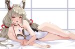 1girl 1girl :d alluring animal_ears bare_arms bare_legs bare_shoulders bed_sheet bikini black_one-piece_swimsuit blunt_bangs blush casual_one-piece_bikini casual_one-piece_swimsuit cat_ears cat_girl chest_jewel choker collarbone commentary commission core_crystal_(xenoblade) covered_navel crossed_legs ear_covers facial_mark fang gold_choker gold_trim grey_hair hair_spread_out happy high_res long_hair looking_at_viewer low_twintails lying matrix16 medium_breasts neck_ribbon nia nia_(blade)_(xenoblade) nia_(xenoblade) on_bed on_side one-piece_bikini one-piece_swimsuit open_mouth red_ribbon ribbon rope sheet_grab shimenawa sidelocks skin_fang smile swimsuit thighs tongue twin_tails two-tone_one-piece_swimsuit two-tone_swimsuit very_long_hair white_one-piece_swimsuit xenoblade_(series) xenoblade_chronicles_2 yellow_eyes