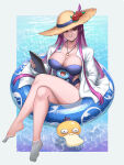 1girl alluring alternate_costume bare_legs barefoot big_breasts bikini blue_one-piece_bikini burnt_green_tea cleavage cosplay creatures_(company) female_focus fire_emblem fire_emblem_engage flower game_freak gen_1_pokemon gen_2_pokemon hat hat_flower high_res innertube ivy_(fire_emblem) jacket looking_at_viewer matching_hair/eyes mole mole_under_mouth nintendo one-piece_bikini open_clothes open_jacket philena_ivy philena_ivy_(cosplay) pokemon psyduck purple_eyes purple_hair red_flower red_rose rose smile strapless strapless_one-piece_swimsuit straw_hat swim_ring swimsuit thighs water white_jacket wooper