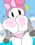  1girls anthro areola beach big_breasts bikini bikini_bottom_only black_eyes blush blush_stickers bow bow_bikini breasts cassettedream digital_media_(artwork) disembodied_hands dream-cassette english_text female furry furry_female grabbing_another's_breast hair_bow hair_ornament hands_on_breasts headwear hood hoshime huge_breasts lagomorph leporid male my_melody nipples onegai_my_melody sky solo_focus squished_breasts surprised surprised_expression swimsuit text thick_thighs topless topless_female white_fur 