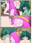  1boy 2_girls adventure_time aunt_maire collaborative_fellatio comic coolerinker cum cum_in_mouth cum_inside cumming english_text fellatio finn_the_human green_hair huntress_wizard inker_comics inkershike page_6 page_number pink_hair princess_bubblegum threesome 